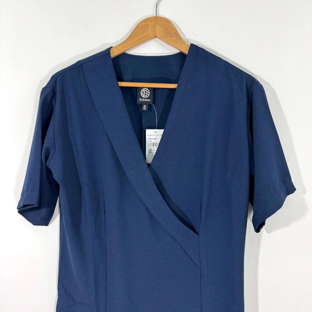 Bobeau Women’s Size XS Navy Blue Faux Wrap V Neck Stretch Shift Mini Dress New - Picture 2 of 7